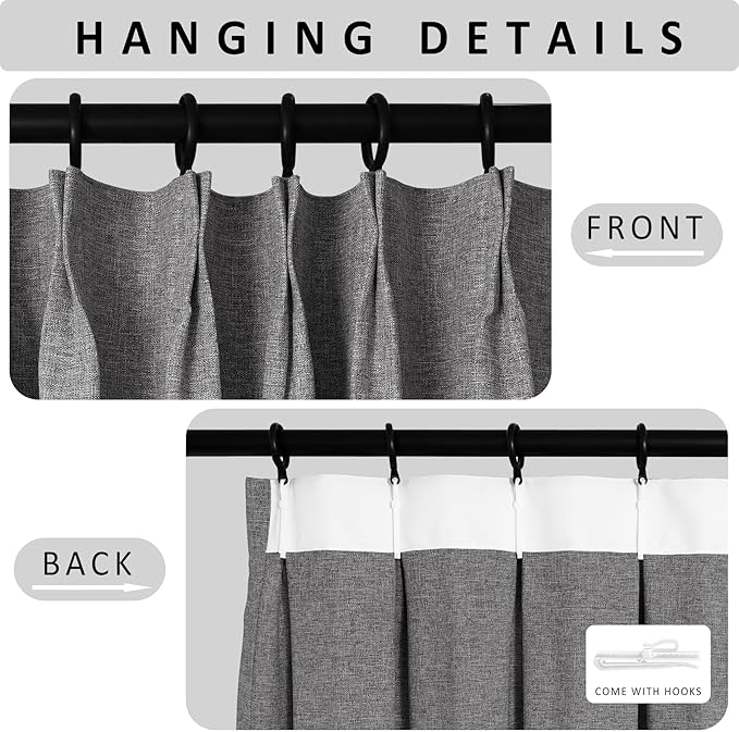 Macochico Pinch Pleated 100% Blackout Curtains Gray Linen Curtains for Bedroom Living Room Farmhouse Thermal Insulated Window Panels Pleated Curtains with Hooks and Tieback 52”Wx72”L 1 Panel
