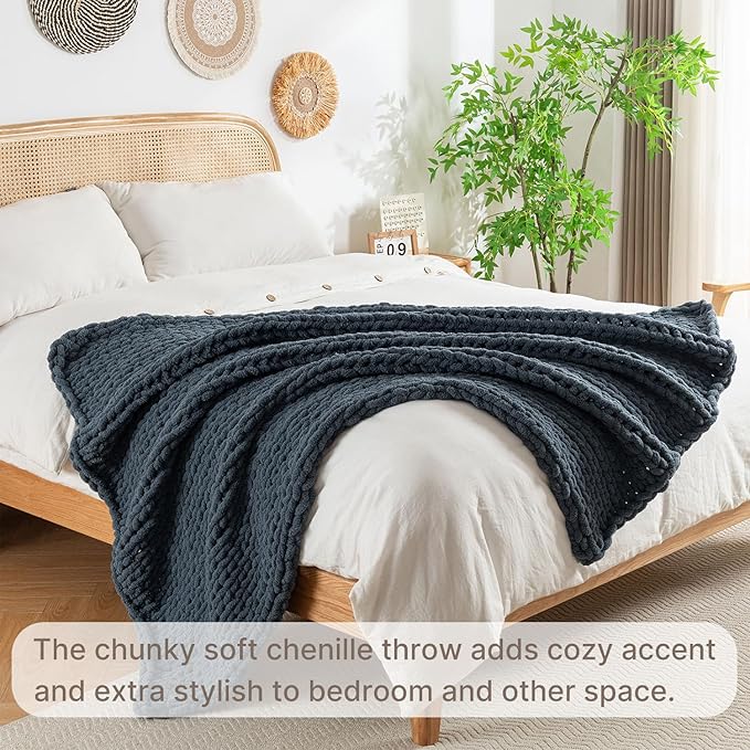 Chunky Knit Blanket Throw, 100% Hand Knit Throw Blanket Handmade Chenille Cable Knit Throw for Couch, Stylish Cozy Soft Rope Knot Crochet Blanket for Home Decor, Blue Mirage, 60x80 Inches