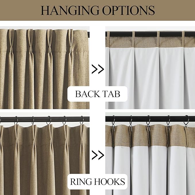 Vision Home Brown Pinch Pleated Full Blackout Curtains Linen Blended Room Darkening Window Curtains 112 inch for Living Room Bedroom Thermal Insulated Pinch Pleat Drapes with Hooks 40" Wx112 Lx2