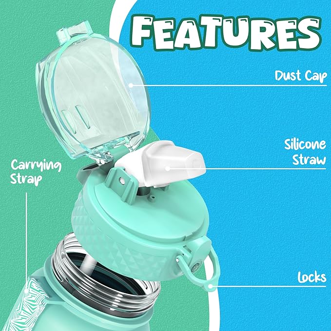 Oldley Kids Water Bottle for School, 17 oz (Straw Lid) BPA-Free Reusable Leak-proof Durable Tritan Plastic Water Bottles with One-handed Opening Straw Lids, Anti-dust Spout Cover (Mint Green)
