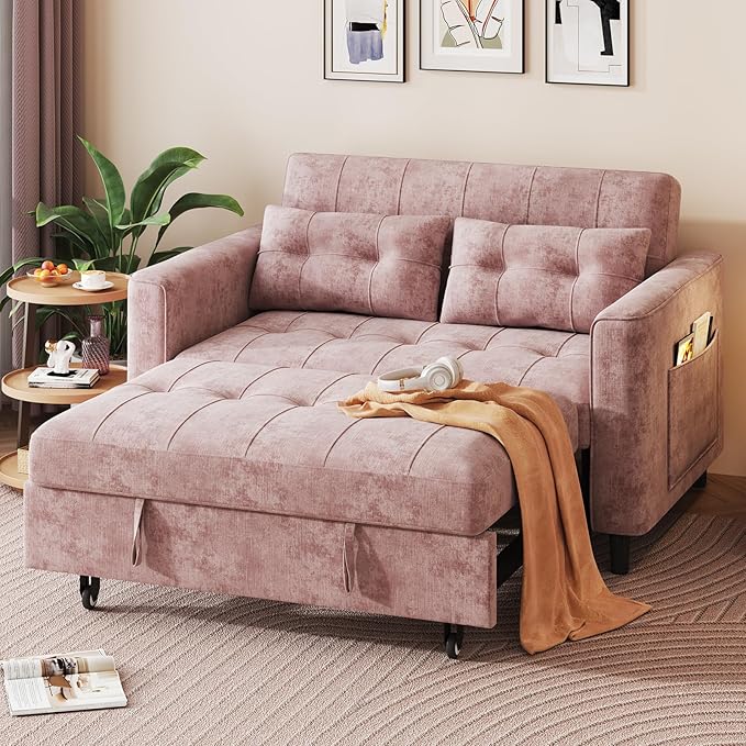 3 in 1 Convertible Sleeper Sofa Bed, Pull Out Couch Bed with Adjustable Backrest, Chenille Loveseat Couches with Side Pocket for Living Room, Bedroom (Pink)