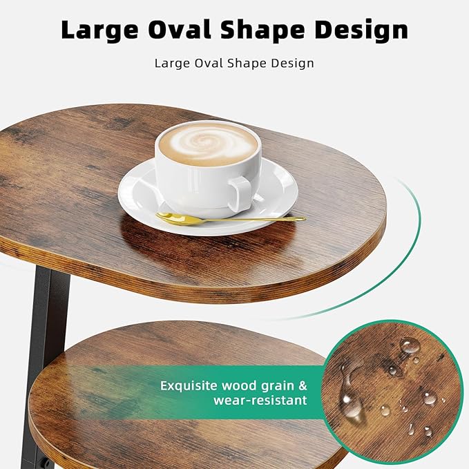 Side Table, Small End Table with Metal Frame, 3-Tier Bedside Tables, Round Side Tables for Living Room Bedroom Couch Bathroom, Oval, Vintage Brown