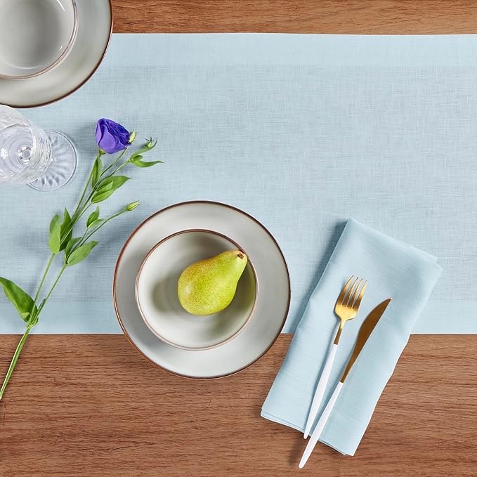 Solino Home Linen Ice Water Table Runner 60 Inches - 100% Pure Linen Farmhouse Short Table Runner 14 x 60 Inch Ideal for Dresser and Coffee Tables - Fete