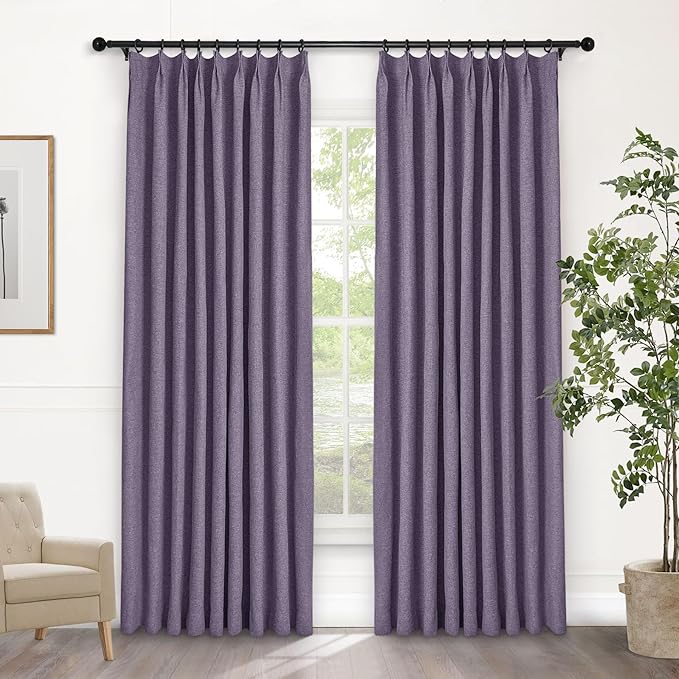 Macochico Pinch Pleated Blackout Linen Curtains 96 Inches Long 100% Light Blocking Burlap Curtains for Bedroom Living Room Thermal Window Panels with Tieback 72”Wx96”L Violet 1 Panel