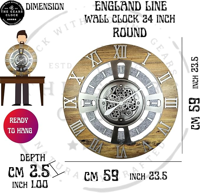 The Gears Clock Real Moving Gear Wall Clock England Line (White Farmhouse, 24 inches (60 cm))