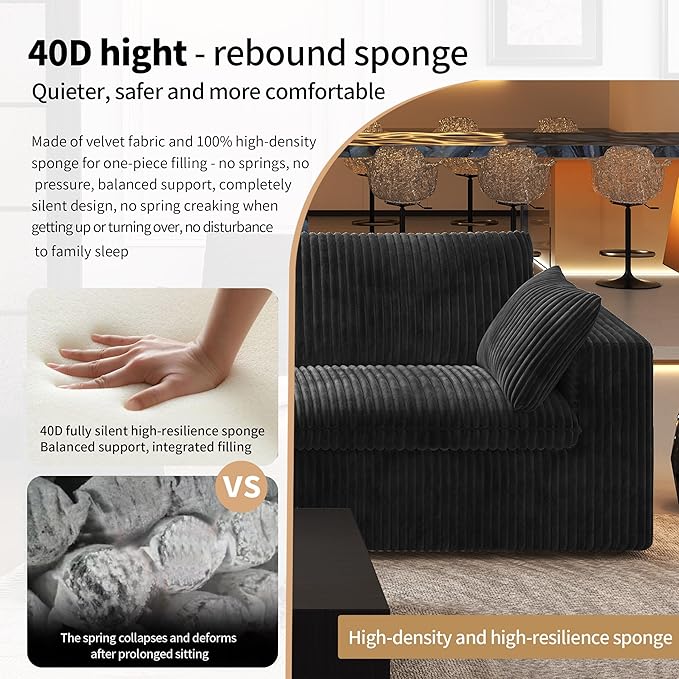 118" V Shaped Corner Modern Sofa Modular Sectional Cloud Couch,Deep Seat Upholstered Couches with Plush Corduroy Fabric for Living Room Furniture,Bedroom and Apartment,No Assembly Required,Black