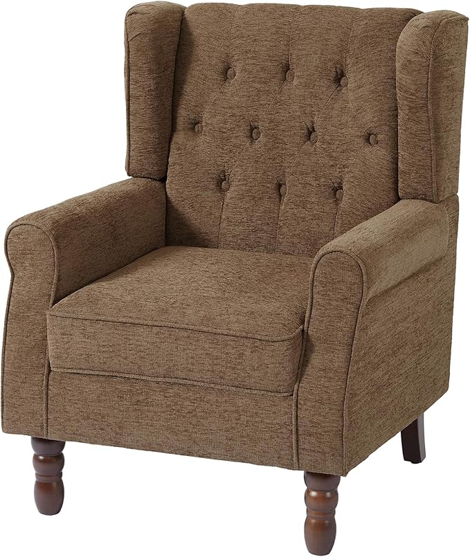 UIXE High Back Accent Chairs Set of 2, Upholstered Armchair in Fabric, Retro Wingback Arm Chair for Living Room, Comfy Single Sofa Bedroom Reading Seat with Solid Wood Legs - Brown
