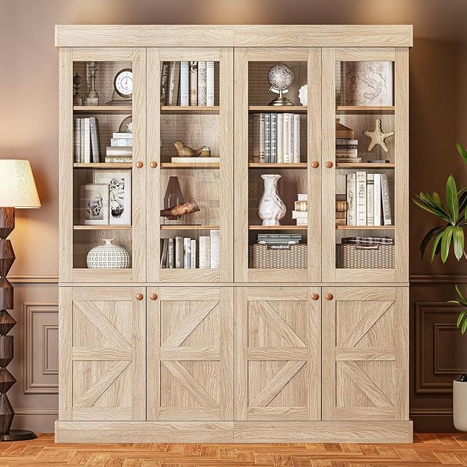 Vyre 71" Tall Farmhouse Bookshelves with Glass Doors, Set of 4 – Large Modular Bookcase with Adjustable Shelves, Storage Cabinet for Living Room, Kitchen, Home Office, Brown