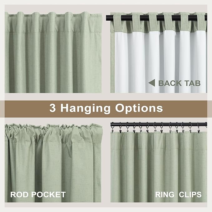 Dark Academia Decor Sage Green Linen Textured Blackout Curtains Panels 90 Inch Length Luxury Curtains for Living Room Pretty Heavy Thick Linen Black Out Thermal Long Drapes Back Tab Rod Pocket Pleated