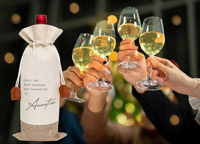 Pairs Well With Becoming Auntie Wine Bag, Wine Champagne Bottle Gift Bag, Cotton Linen Wine Gift Bag With Drawstring, Gift for Pregnancy Announcement, New Aunt Uncle for Baby Announcement-2