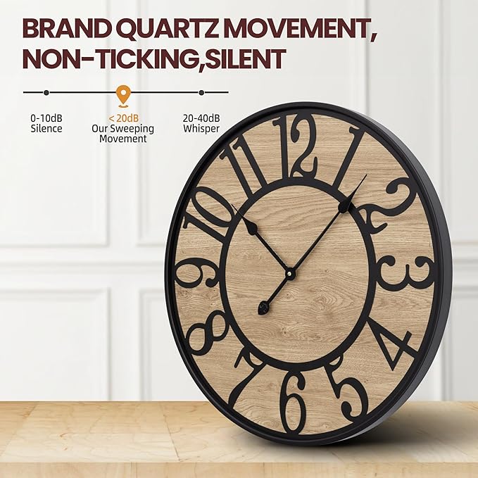 Large Wall Clock for Living Room Decor - Non-Ticking, Battery Operated Modern Vintage Wood Clock for Bedroom, Kitchen, Farmhouse, Office - Oversized Decorative Silent Clock