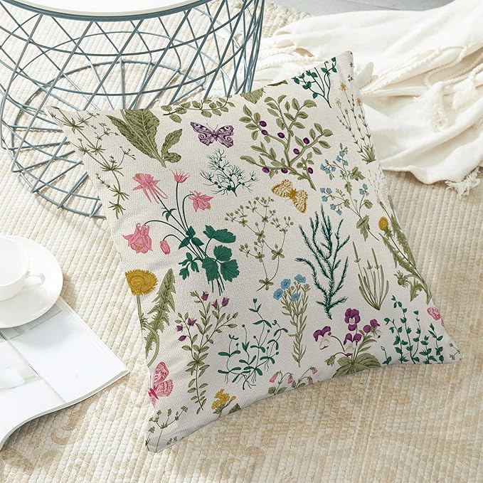 CXMEIFLY Spring Pillow Covers 16 x 16 Inch Set of 2 Vintage Sage Green Teal Wild Flowers Decor Throw Pillows Leaves Plant Outdoor Farmhouse Decorative Cushion Cases for Couch Bed Sofa Decoration
