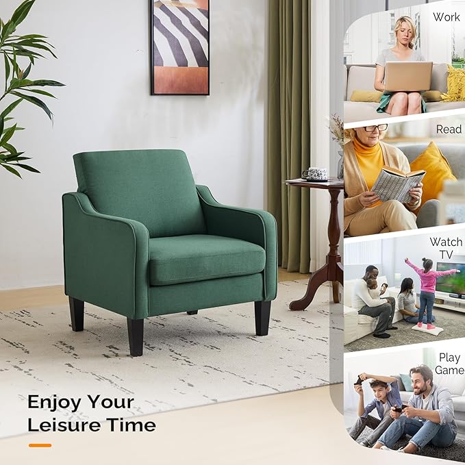 VINGLI Mid-Century Modern Accent Chairs Set of 2 Living Room Chairs Dark Green Reading Chairs for Bedroom Scooped Arm Chairs Upholstered Comfy Chairs for Apartment, Waiting Room