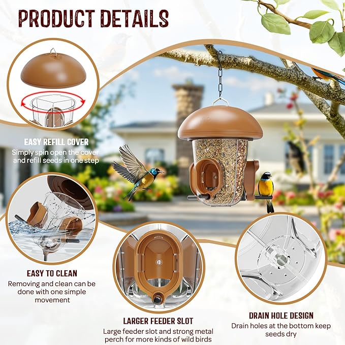 LONA Bird Feeders for Outdoors Hanging – 3 Separate Compartments, 3 Feeding Ports, Weatherproof Dome & 3 Ways to Hang, Large Capacity for Cardinals/Finches (Brown