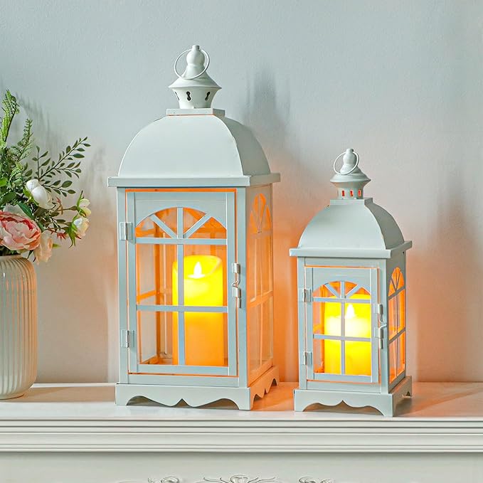 TRIROCKS Set of 2 Decorative Vintage Candle Lanterns 14.5"&20" H Farmhouse Outdoor Hanging Lanterns with Tempered Glass for Porch, Balcony, Patio, Home, Centerpieces, Indoor, Outdoor(White)