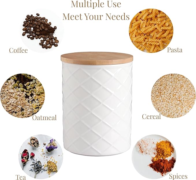 Sweejar Ceramic Canisters Sets for Kitchen Countertop, Relief Food Storage Jar with Bamboo Lid, Stackable Container for Flour, Coffee, Pasta, Cereal, Tea, Cookies, Sugar, Spices, Pack of 4 (Gray)
