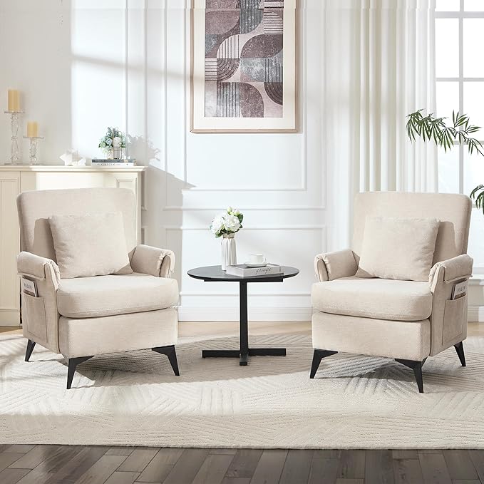 KCC Mid-Century Accent Chairs,Chenille Modern Upholstered Single Sofa,Cozy Armchair with Back for Bedroom/Office/Cafe,Begie