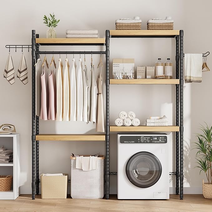 CABIHOME 5-Tier Over-The-Washer Shelf - Adjustable Height Laundry Organizer Space Saver, Double-Layer 100lb Shelves, 2 Hooks for Bathroom/Balcony (Natural& Black)