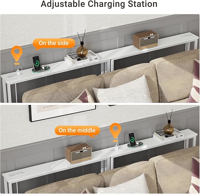 ELYKEN 2 Pack 5.9" Narrow Console Sofa Table with Power Outlets, 5.9" Dx39.4 Wx31.1 H Long Couch Table with Metal Frame and Charge Station with 6.5’ Extension Cord, White