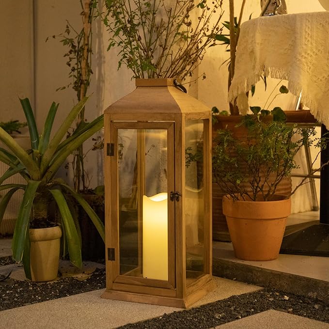 Bdor 2 Pack Lanterns Decorative - 27.5in New Zealand Pine Lanterns Decorative with Flameless Pillar Candles, Decorative Lanterns for Home Decor, Indoor Outdoor, Front Porch, Garden, Farmhouse Style