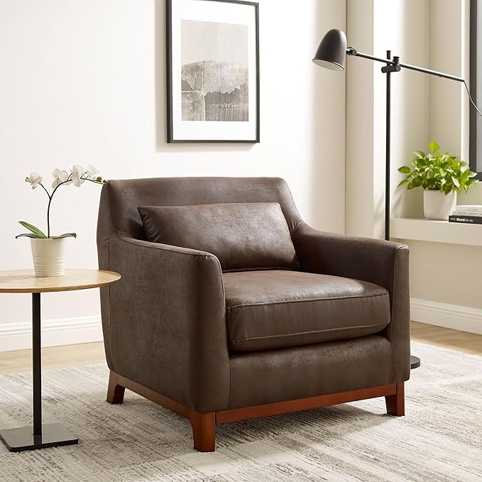 Extra Deep Accent Chair, Comfy Fabric Armchair with Wood Base, Upholstered Single Sofa Chair for Living Room & Bedroom, Faux Leather Dark Brown
