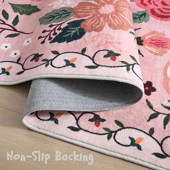 Bedroom Rug 3x5 Rug Washable Area Rug Non Slip Low Pile Boho Floral Small Carpet for Bedroom, Bedside, Kitchen, Entryway, Kids Room, Office, College Dorm Essentials for Girls(Pink)