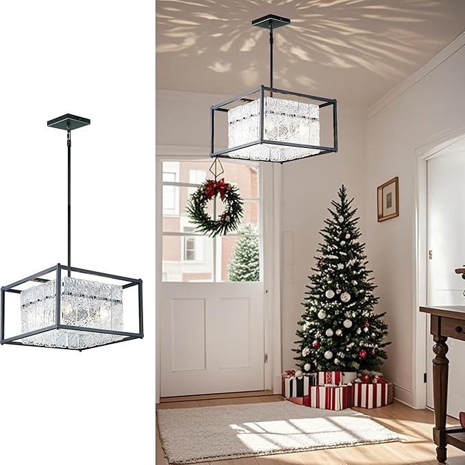 IKK Modern Foyer Chandelier, Black Crystal Chandelier for Dining Room, Square Entryway Light Fixture Hanging, Easily Adjustable Height Glass Chandeliers for Kitchen Island, Elegant Water Ripple