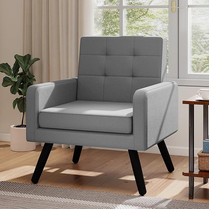 Kromax Mid-Century Modern Accent Chair for Living Room, 496 Lb. Weight Capacity, Dual Armrests, Comfy Extra Large Seat, Timeless Style Perfect for Reading & Relaxing, Light Grey