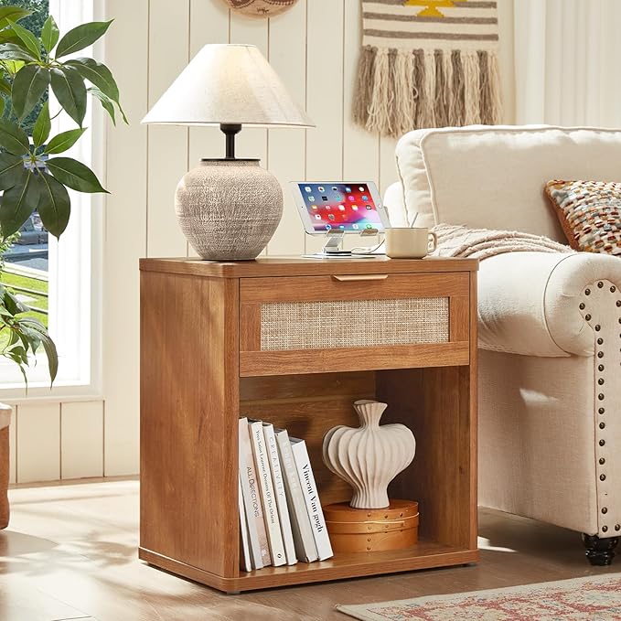 LEYAOYAO Boho Rattan Coffee Table Sets 3 Pieces, Nightstand with Charging Station and Coffee Table with Hidden Storage Compartment, Brown Living Room Table Set, Wood Furniture Sets for Home Office
