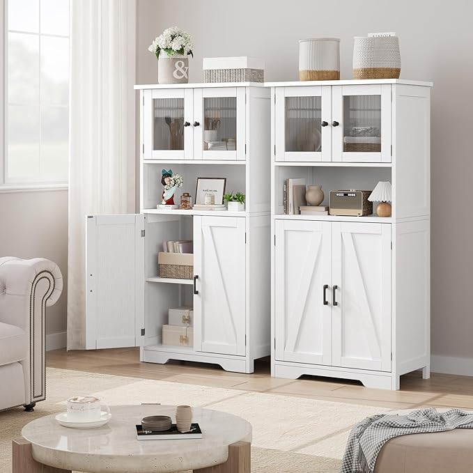 GarveeHome 54in Tall Bathroom Cabinet, Farmhouse Storage Cabinet with Glass Doors and Adjustable Shelves, Freestanding Kitchen Pantry Cabinets, Cupboard for Living Room, Dining Room, White