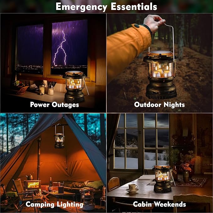 3-Wick Emergency Candle Lantern for Power Outages [18H+ Burning Time] Vintage Decorative Candle Lantern for Real Candles, Outdoor Portable Camping Survival Lighting [7.1"*5.7" - Vintage Brass]