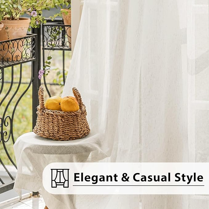 FMFUNCTEX Linen Sheer Curtains for Bedroom, Beige Curtains 84 inches Long for Living Room, Natural Flax Blend Window Draperies for Farmhouse Curtain, Rod Pocket 2 Panels