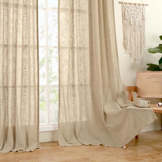 LAMIT Linen Curtains for Living Room Bedroom, 84 inch Curtains Light Filtering Boho Semi Sheer Window Burlap Drapes with Bronze Grommet for Room Decor, 52 X 84 Inch, 2 Panels Set, Brown
