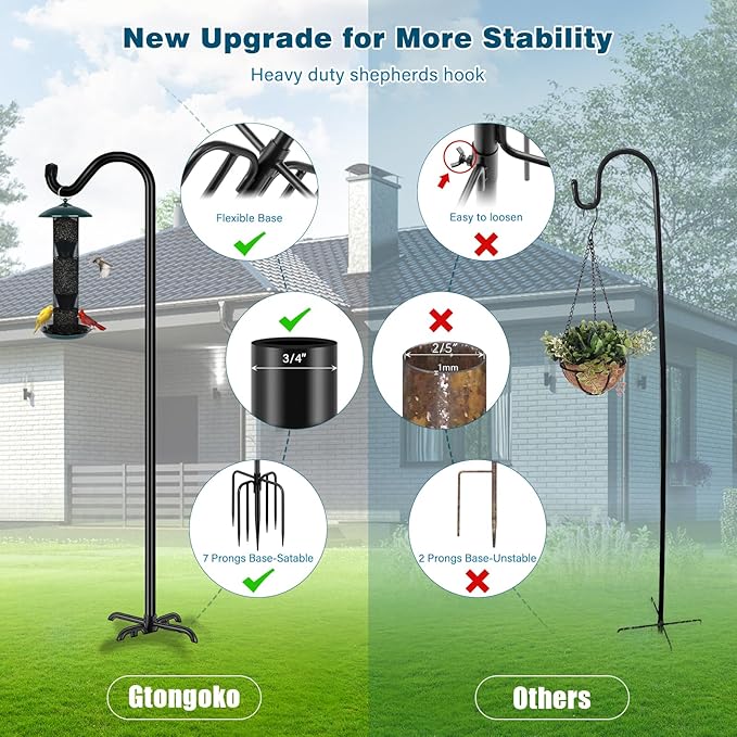 Gtongoko Shepherds Hook for Outdoor, 76 Inch Bird Feeder Pole with 7 Prongs Base, 3/4 Inch Thick Heavy Duty Adjustable Garden Hook for Hanging Plant, Hummingbird Feeder, Lantern, 2 Pack
