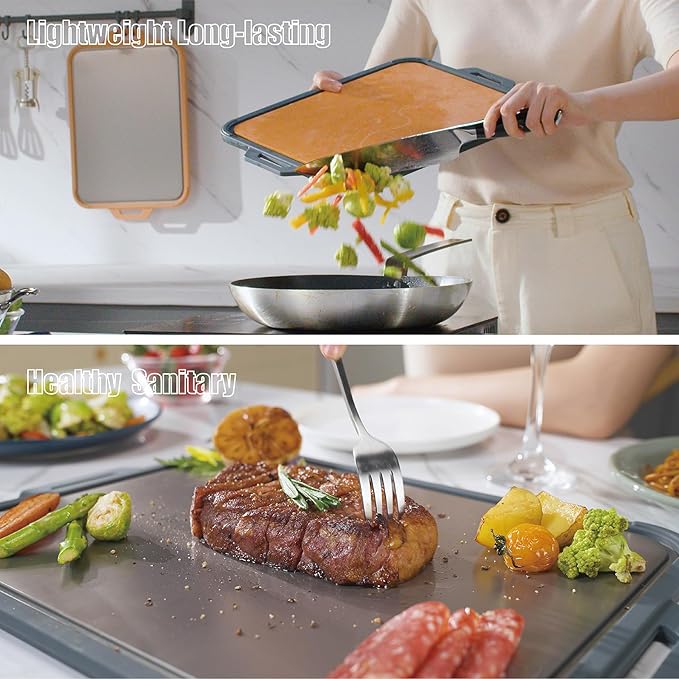 GUANCI Pure Titanium Cutting Board, Double Sided Cutting Board for Kitchen, Pure Titanium/Wood Fiber Composite with Juice Groove Dishwasher Safe 16"L x 11"W