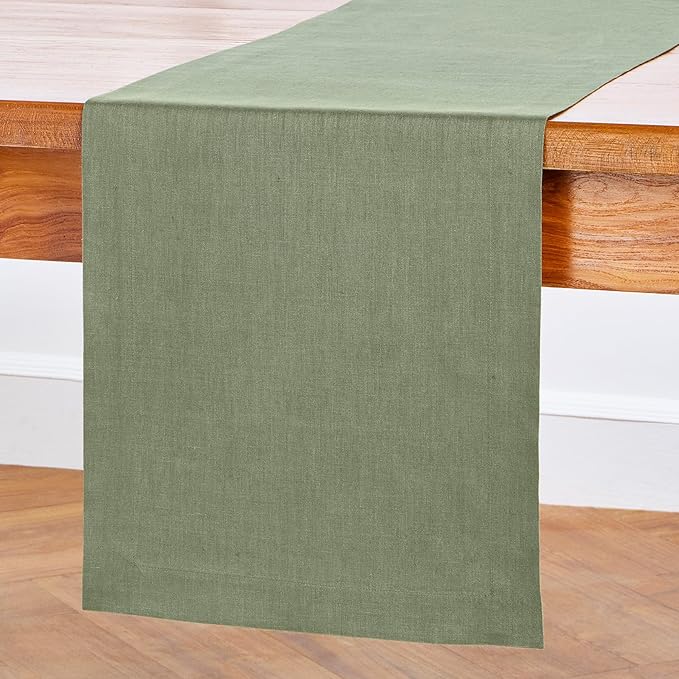 Solino Home Linen Table Runner 60 Inches - 100% Pure Linen Oil Green Table Runner 14 x 60 Inch Ideal for Dresser and Coffee Tables - Fall, Autumn, Thanksgiving - Fete
