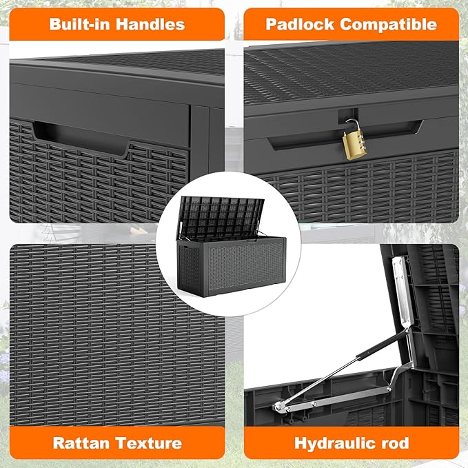 100 Gallon Resin Deck Box, Lockable Patio Outdoor Storage Box for Furniture, Garden Tools and Tools Storage, Waterproof Outside Storage Boxes - Black
