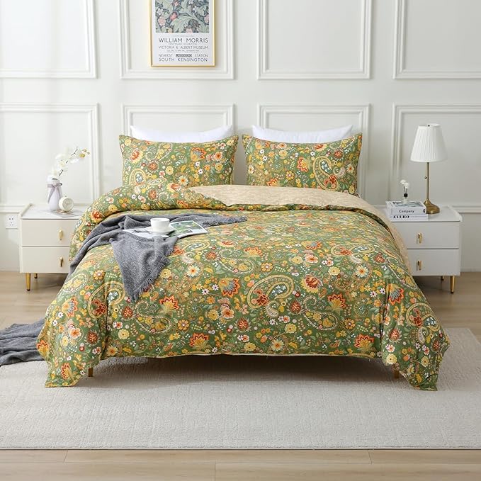 ABREEZE Paisley Bedding Sets 3Pcs Brushed Cotton Duvet Cover Set King Size Rustic Damask Green Floral Comforter Cover with Zipper Closure Boho Bedding Collections