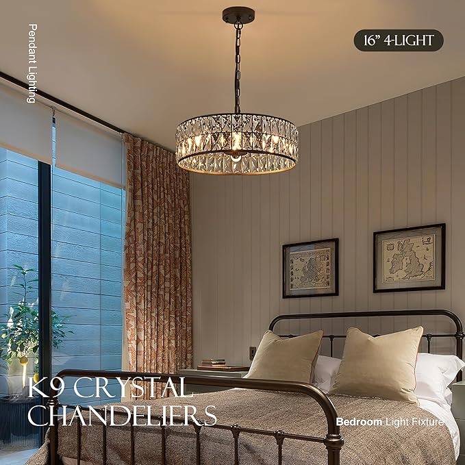 16” 4-Light Modern Crystal Chandeliers Black Dinning Room Light Fixture, Round Pendant Light Kitchen Island Chandelier, Flush Mount Ceiling Light for Living Room Entryway Bedroom Foyer