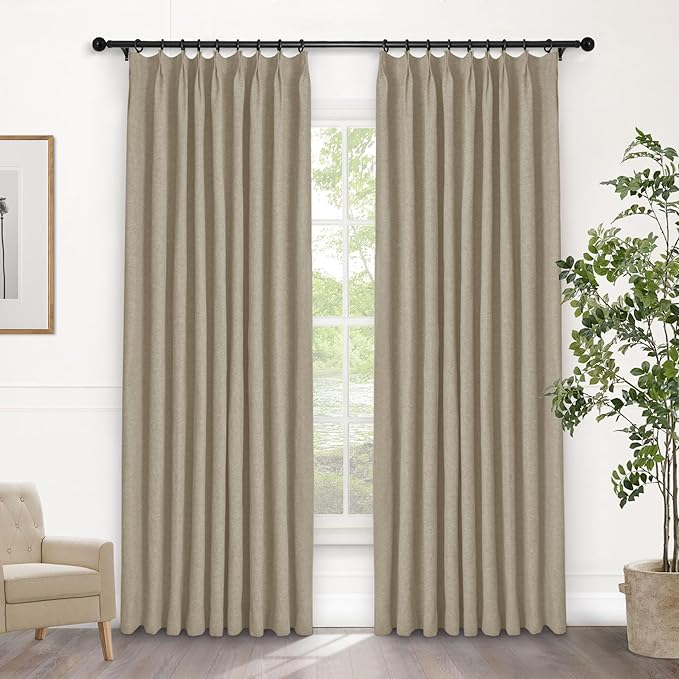 Macochico 100% Blackout Pinch Pleated Linen Curtains 84 Inch Length Thermal Blackout Curtains for Bedroom Living Room Nursery Light Khaki Farmhouse Burlap Curtains with Tieback 52”Wx84”L 1 Panel