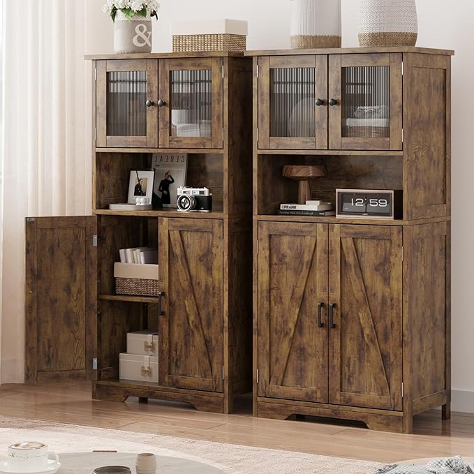 GarveeHome 54in Tall Bathroom Cabinet, Farmhouse Storage Cabinet with Glass Doors and Adjustable Shelves, Freestanding Kitchen Pantry Cabinets, Cupboard for Living Room, Dining Room, Rustic Brown
