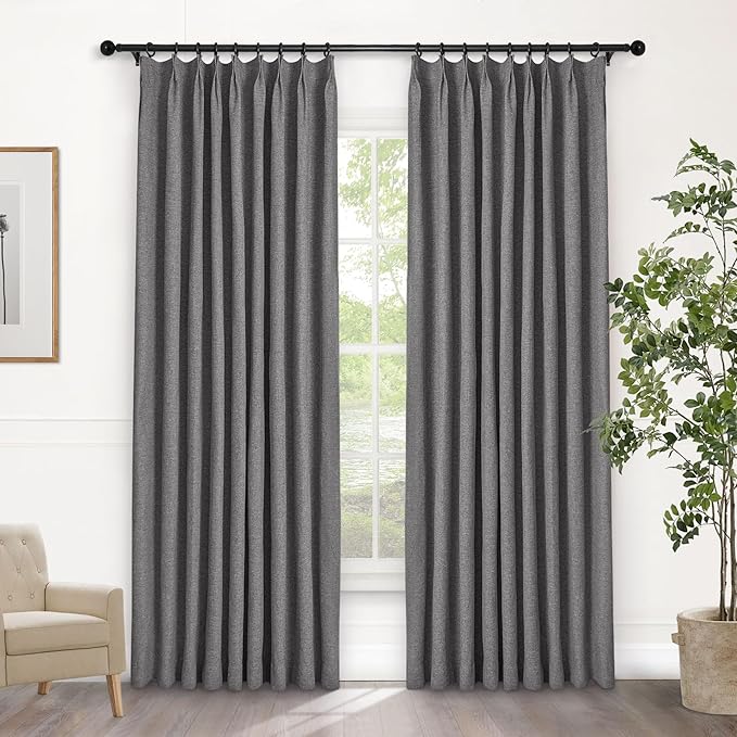 Macochico 100% Blackout Pinch Pleated Linen Curtains 84 Inch Length Thermal Blackout Curtains for Bedroom Living Room Nursery Gray Farmhouse Burlap Curtains with Tieback 52”Wx84”L 1 Panel