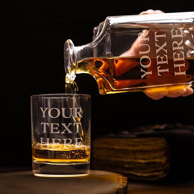 Gifts Inscribed Custom Text Whiskey Decanter & Glasses Set of 2 – Engraved Glass Cups Drinking Glasses Set of 2 – Personalized Whiskey Glasses Drinking Set – Customized Whisky Glassware Gift for Him