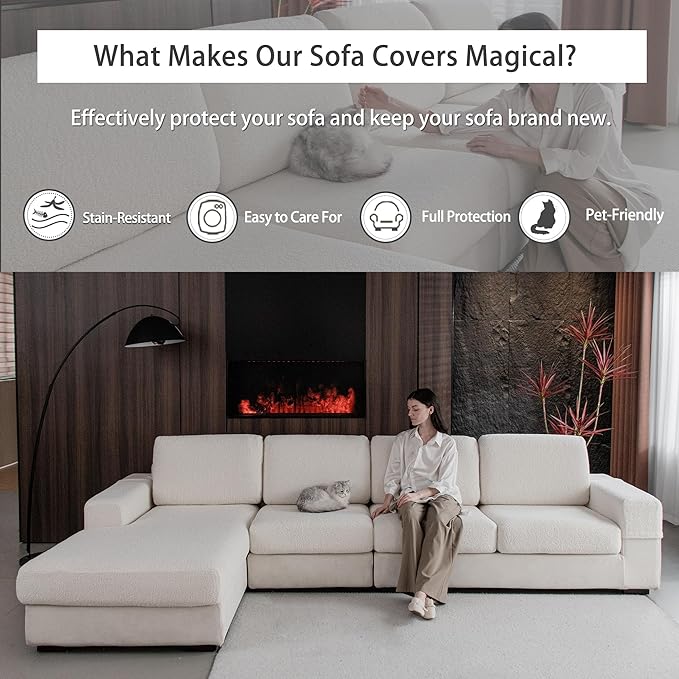 Couch Cushion Covers for Sectional Sofa, Stretch Soft Sofa Slipcovers Washable Wear-Resistant Universal Furniture Protector for Living Room(2 Seaters Covers+1 Chaise Cover, Ivory)