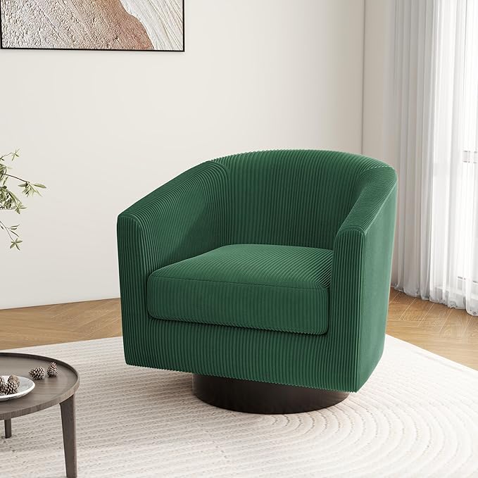Swivel Barrel Accent Chair, Modern Round Corduroy Fabric Arm Chair for Living Room, Bedroom, Comfy Club Reading Chairs for Adults (Corduroy Dark Green, Set of 2)