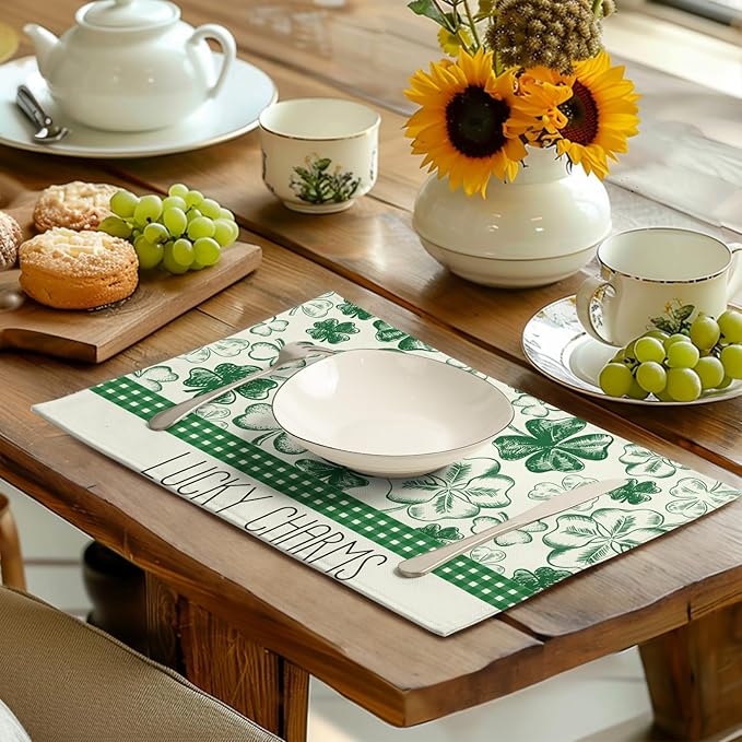 Green Shamrock St Patricks Day Placemats Set of 4 Lucky Clover Plaid Check Table Mat 12x18 Inch St. Patrick's Day Seasonal Holiday Place Mats Spring Linen Placemat for Party Kitchen Dining Decor