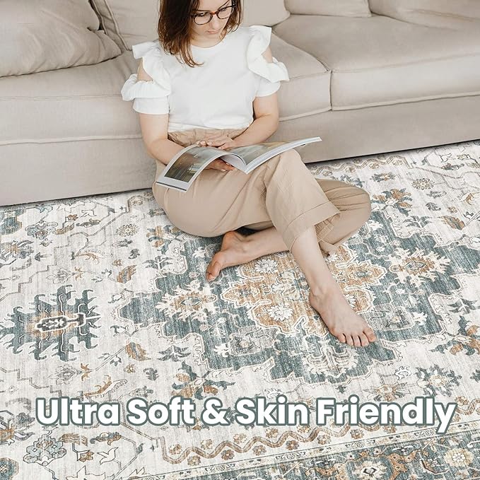 Washable Area Rugs for Living Room -9x12 Neutral Vintage Distressed Floral Farmhouse Boho Large Soft Floor Rug Indoor Non Slip Carpet for Living Room Bedroom Dining Room Office -Green/Grey