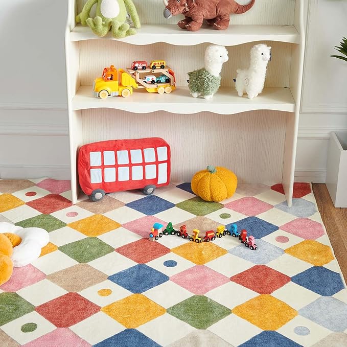 jinchan Area Rug 5x7 Kids Washable Indoor Floor Cover Non-Slip Modern Soft Rug Elementary School Classroom Colorful Diamond Carpet for Nursery Playroom Daycare Bedroom Living Room Circus on Cream