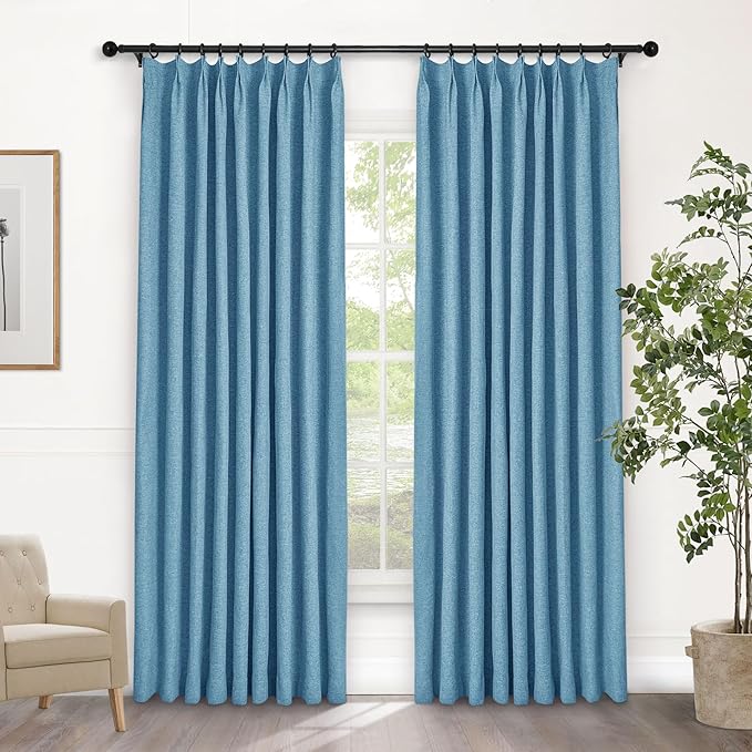Macochico Pinch Pleated Blackout Curtains 102 Inches Long 100% Light Blocking Blue Linen Drapes for Bedroom Living Room Farmhouse Shabby Chic Burlap Curtains with Tieback 72”Wx102”L 1 Panel