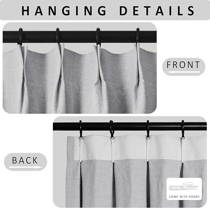 Macochico Silver Grey 100% Blackout Linen Curtains 96 Inches Long Pinch Pleated Curtains for Bedroom Living Room Nursery Farmhouse Insulated Sound Reducing Drapery with Tieback 84”Wx96”L 1 Panel